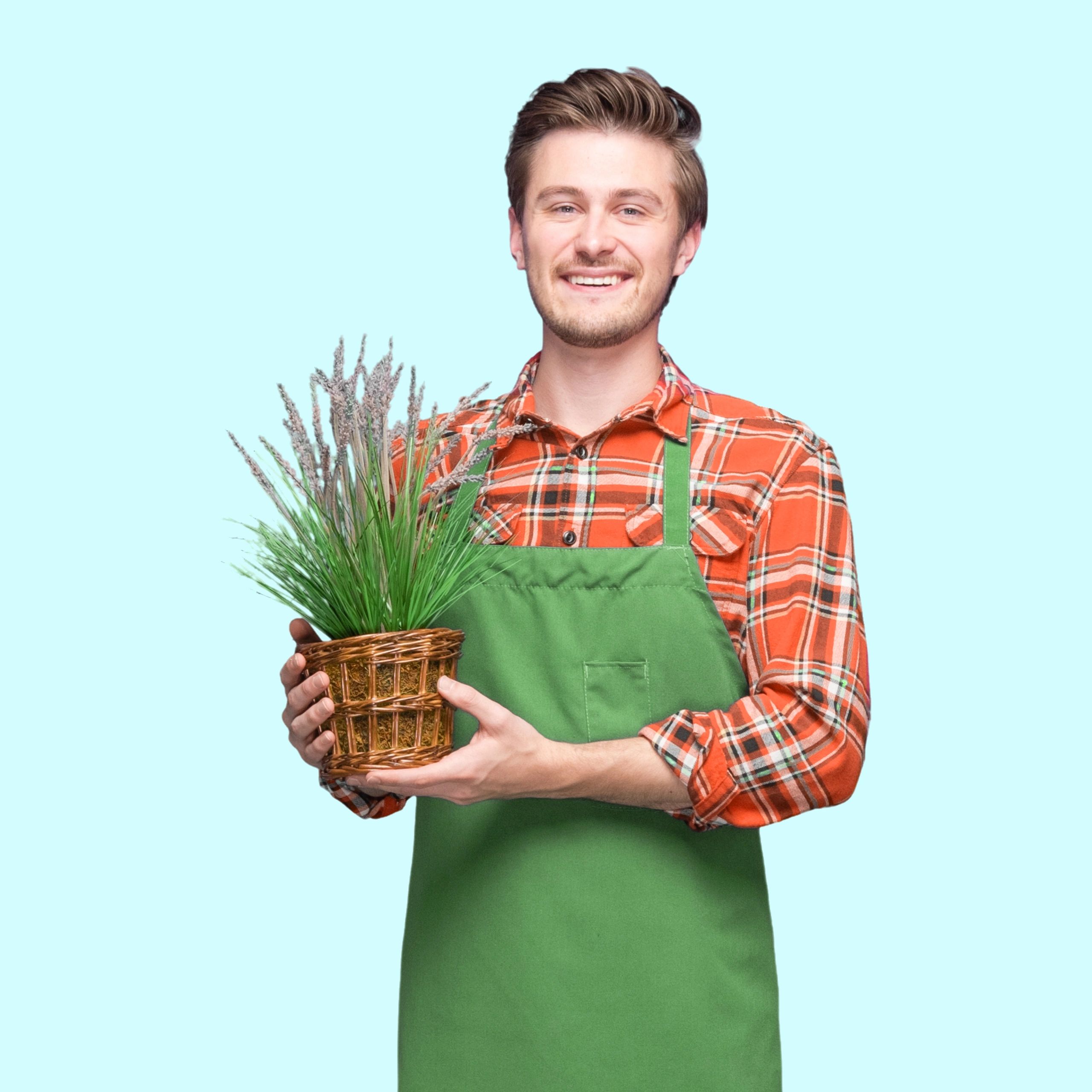 Professional gardener holding plants